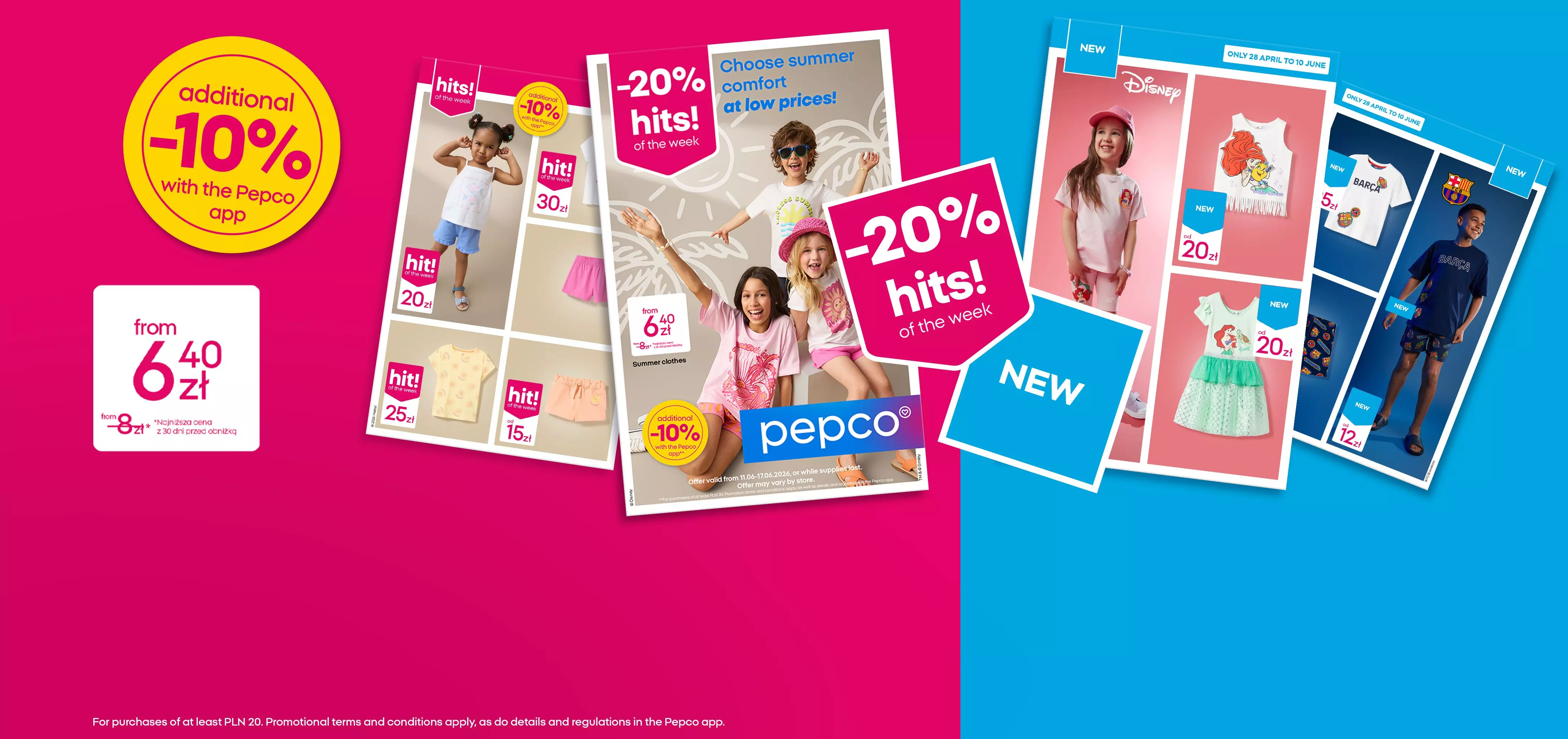Pepco promotional collage showing children's summer clothing with discount offers and Disney character apparel.